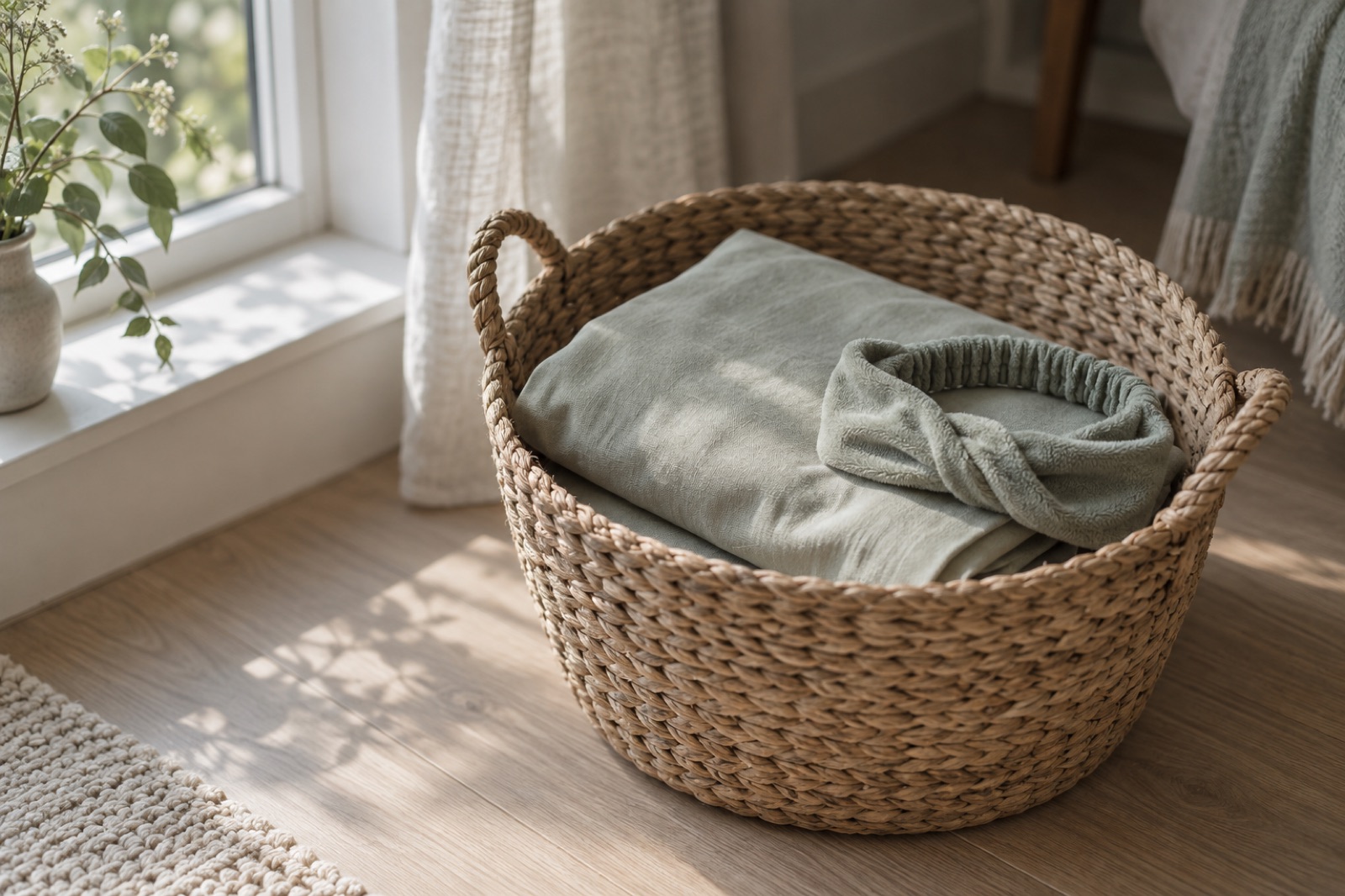 A folded light green pillowcase and a twisted headband in a rattan basket on a wooden floor by a window