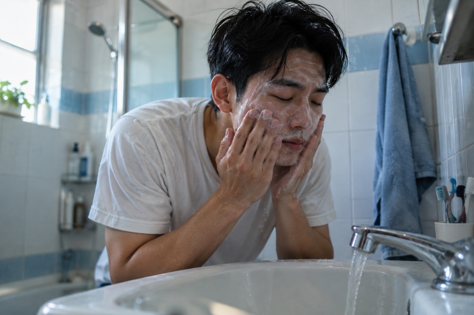 Người đàn ông mặc áo phông trắng cúi xuống bồn rửa đang chảy nước, hai tay áp lên khuôn mặt đầy bọt