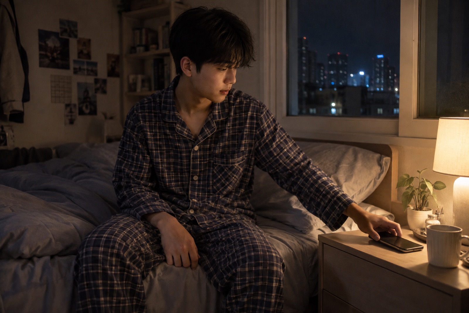A boy in checkered pajamas setting his phone on a bedside table next to a lamp in a room with a city night view