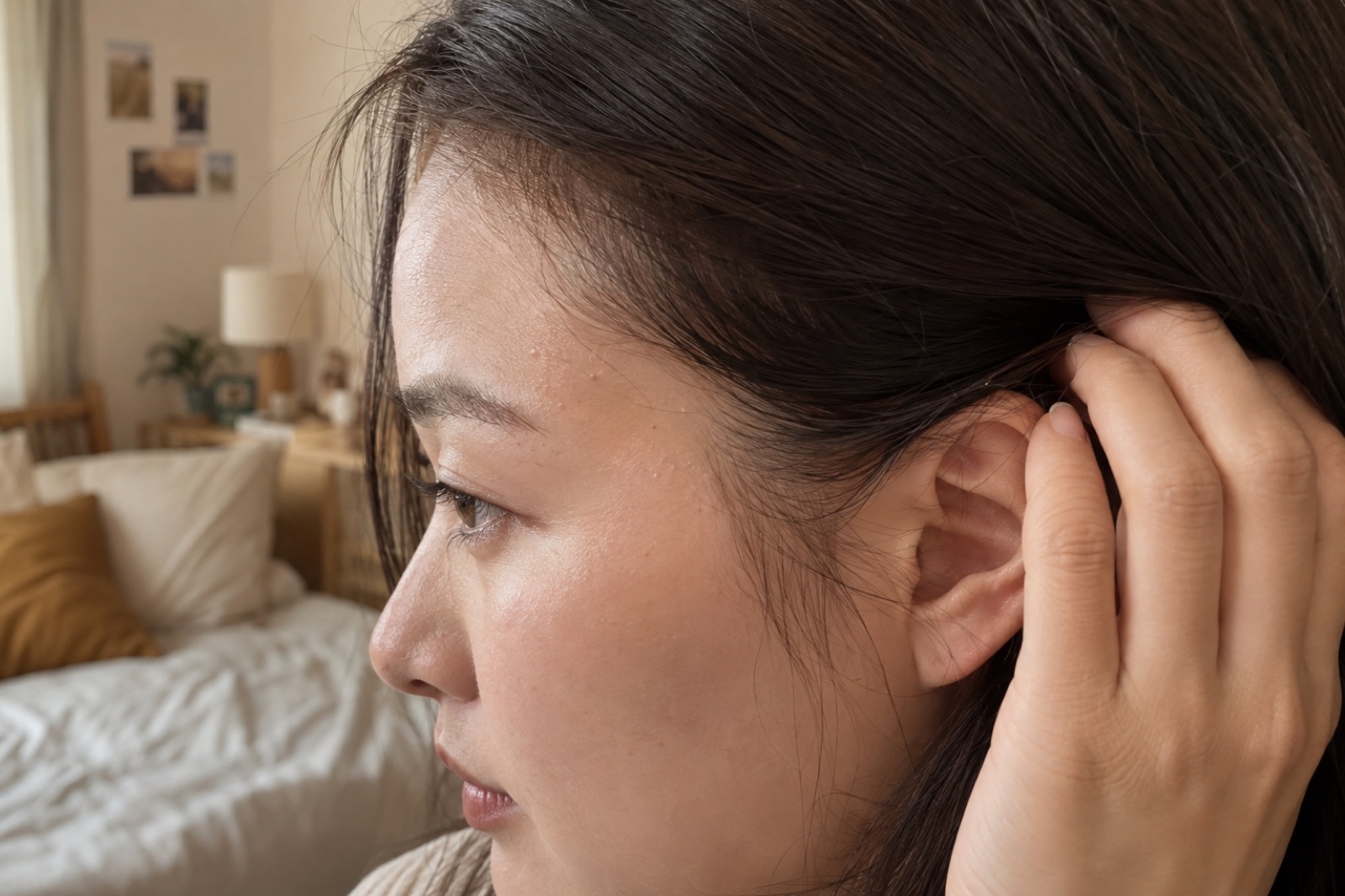 A woman in a bedroom tucking her side hair behind her ear with her fingers, a few small bumps visible at her temple and the edge of her forehead
